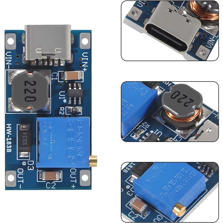 10 Stück AOKIN MT3608 Step Up Modul Einstellbarer DC-DC Boost Converter mit Micro USB und USB-C Anschluss, Blau, 2V-24V zu 5V-28V 2A - Bild 5
