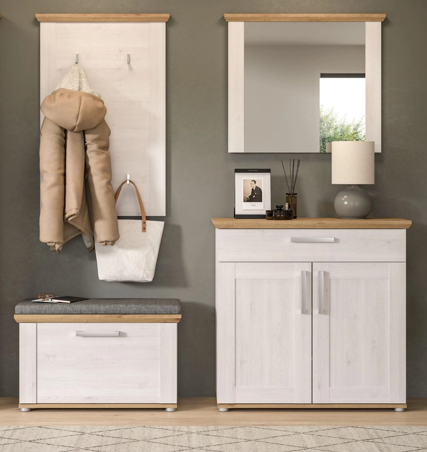 Garderobe Sitzbank Mirano Landhaus Stil in Weiß Lärche mit Schuhregal Breite: 80 cm - Bild 2