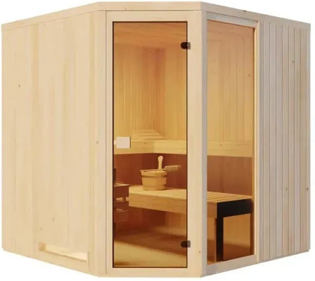 Finntherm Sauna Family Natur aus Holz in Braun und Beige, B/T/H: 194 x 194 x 194 cm, Wandstärke 40 mm - Bild 1