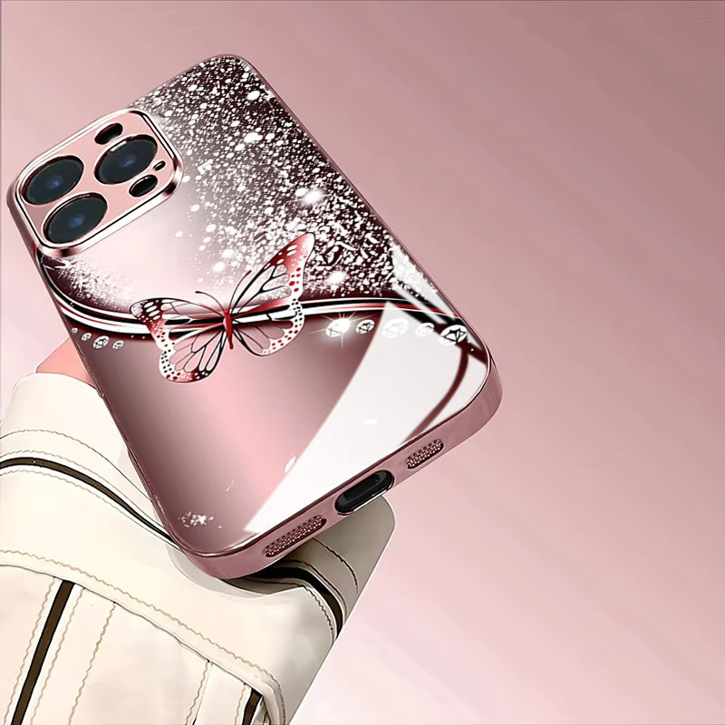 Rosa Glitzernde Schmetterlings Schutzhülle aus gehärtetem Glas für Apple iPhone 11 12 13 14 15 16 17 Pro Max Plus und 16E 17Air - Bild 5