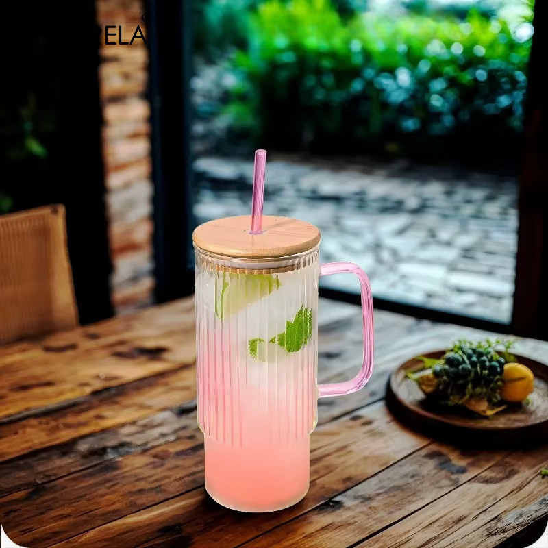 KEMORELA Glasbecher im Vintage-Stil mit Bambusdeckel und Strohhalm, 900 ml, grün/mehrfarbig - Bild 4