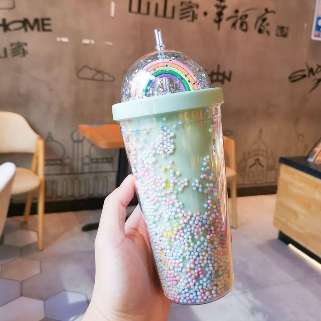 Super Six Regenbogenbecher mit Strohhalm, doppelwandiger BPA-freier Polymer-Trinkbecher für Saft, Milch oder Kaffee, multicolour, 550 ml - Bild 1