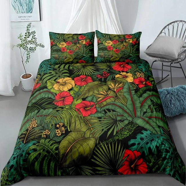 Bettwäsche-Set mit tropischem Palmenblatt-Design in Grün, bestehend aus Bettbezug und Kissenbezug aus Mikrofaser, B/H: 135 x 200 cm - Bild 1