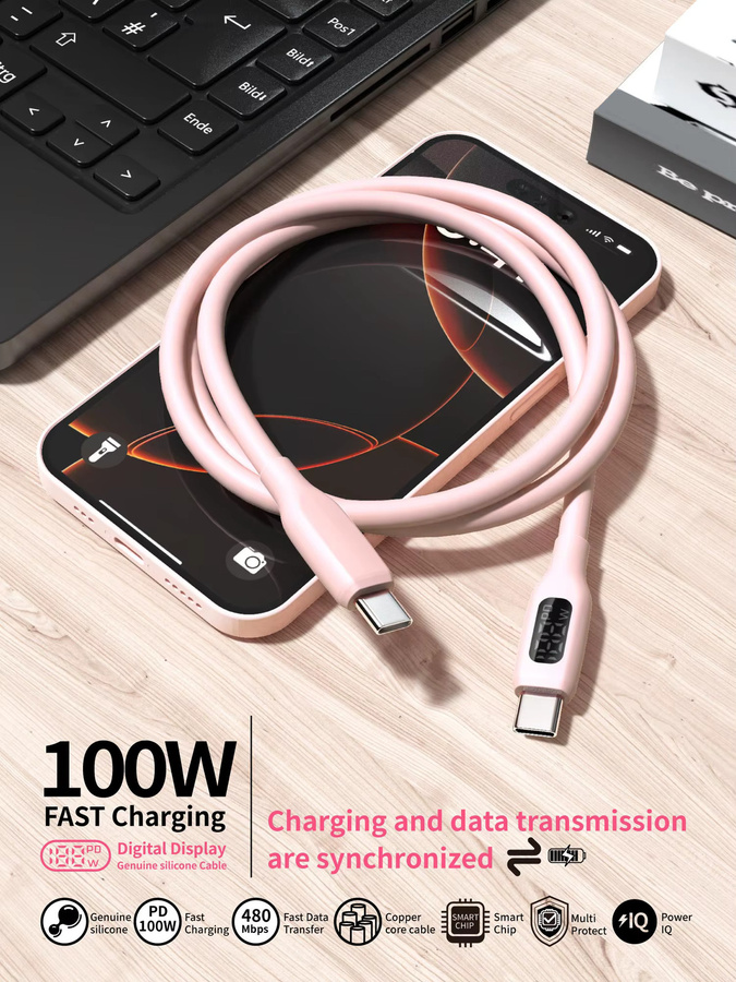 KakuuCa USB-C-Kabel 2er-Pack in Pink mit LED-Anzeige für 100W Schnellladung, Länge: 1 m - Bild 5