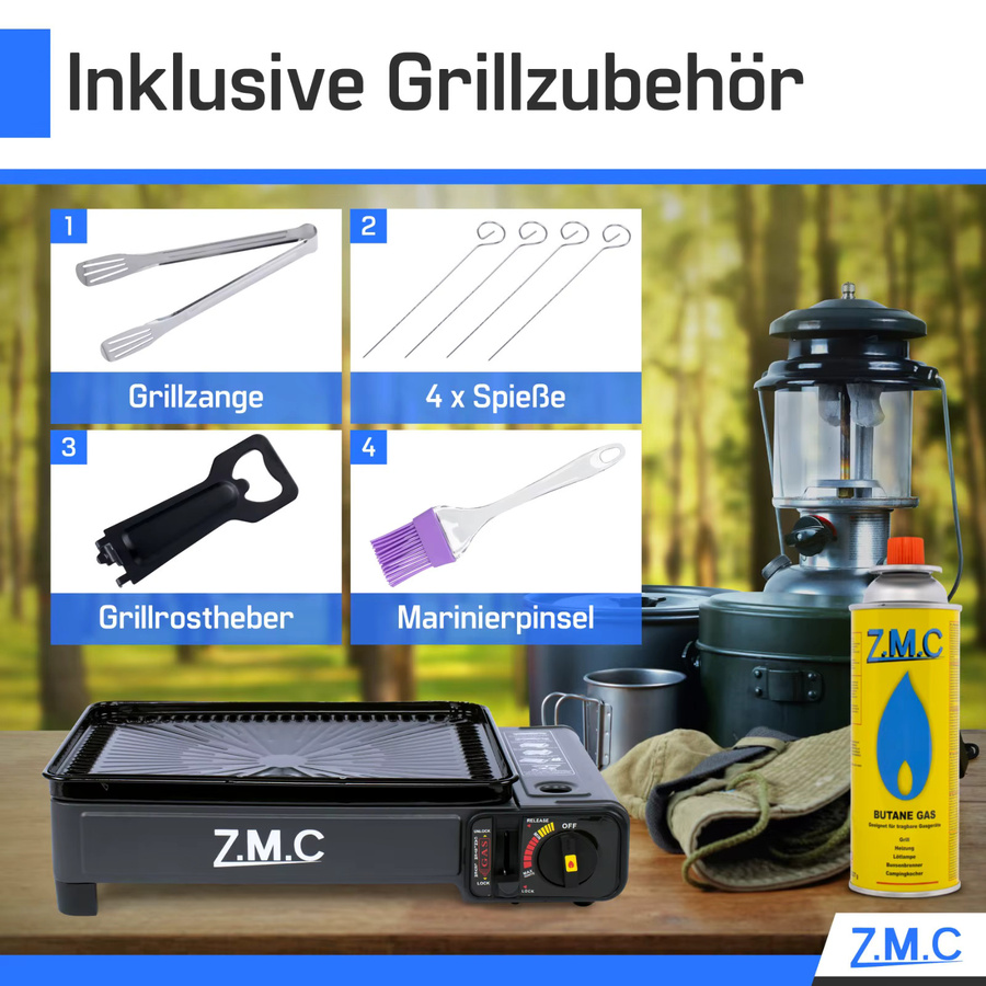 Z.M.C 2-in-1 Campingkocher und Gasgrill mit 2,2 kW Leistung, Piezo-Zündung und LPG-Anschluss, Schwarz, Tragbar mit Koffer - Bild 7