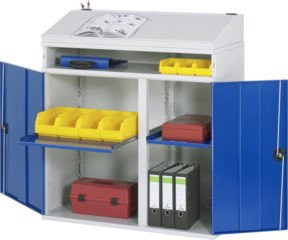 Rau Beistellschrank Stehpult Modell 01 aus Stahlblech mit Türen und Innenschubladen B/T/H: 110 x 52 x 111/122 cm - Bild 1