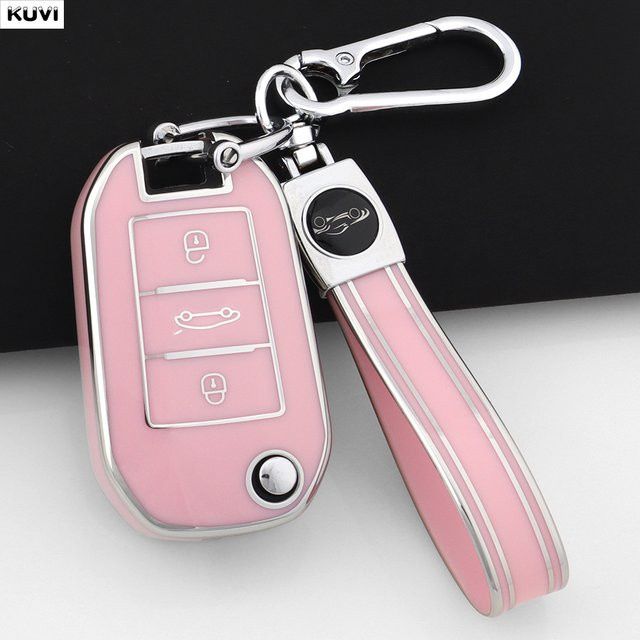 Kuvi TPU Schlüsselhülle für Peugeot 208 308 T9 508 2008 und Citroen C4 sowie Opel Corsa Crossland X in Pink - Bild 1