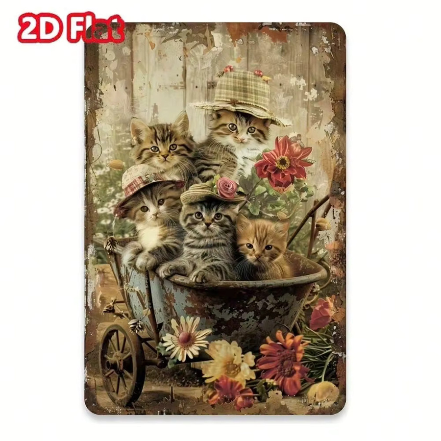 Vintage Wandkunstschild aus Metall von CIFBUY mit Hatted Cats und Blumenmuster zur rustikalen Heimdekoration - Bild 2
