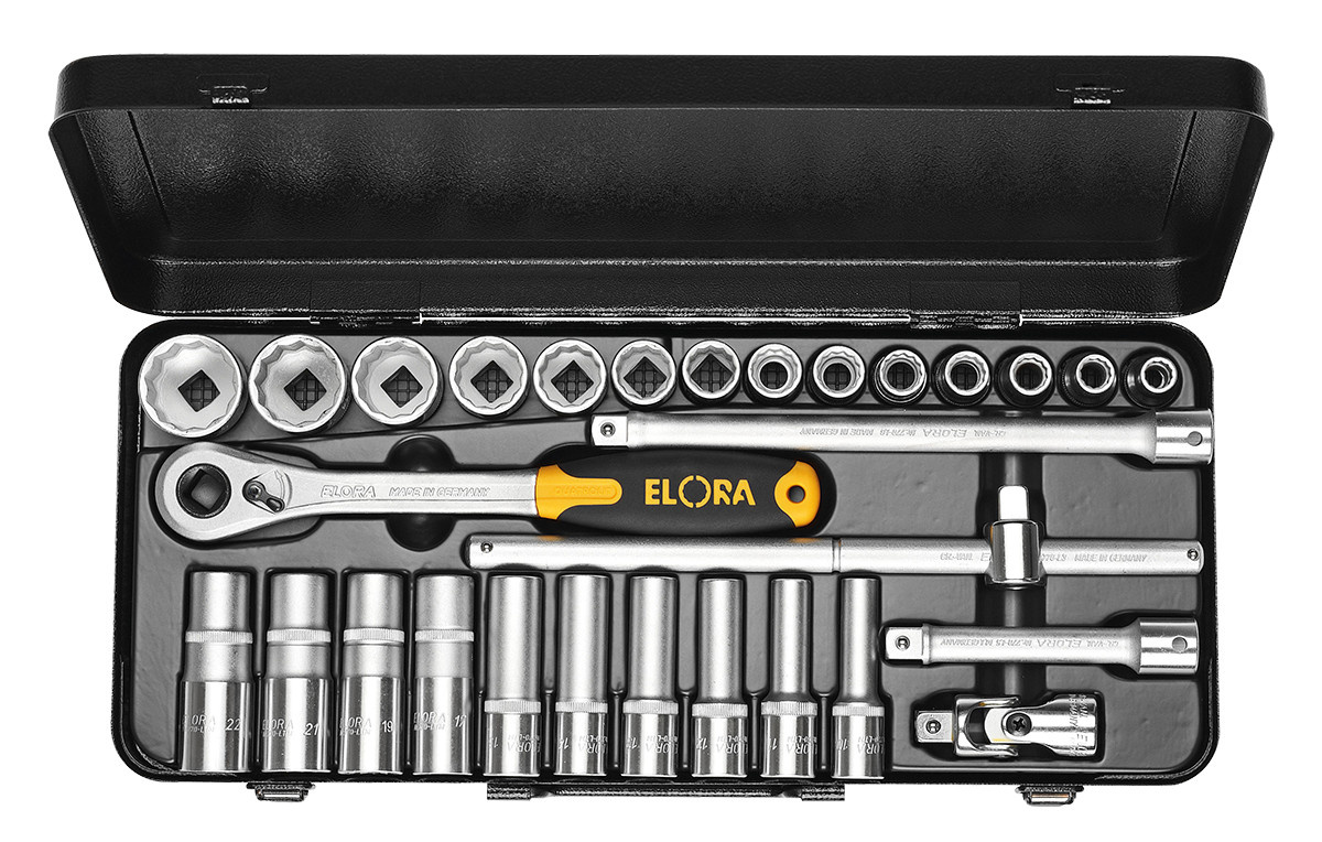 Elora Steckschlüssel-Satz 1/2 Zoll, 29-teilig, Zwölfkant, 10-32 mm, Silber - Bild 1