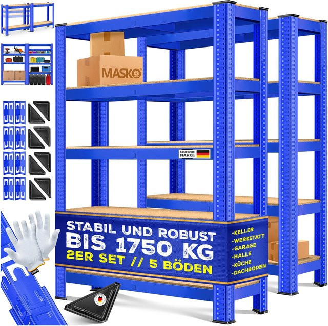 MASKO 2er-Set Schwerlastregal aus Metall mit MDF-Platten in Blau, verstellbare Ablagen für Werkstatt und Garage - Bild 1