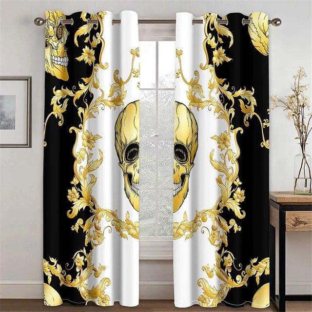 A Family Of Home Textiles 2er-Set Barock Vorhänge in Schwarz und Gold, semi-transparentes Design mit 3D-Effekt, Breite: 65 cm, Höhe: 165 cm - Bild 1