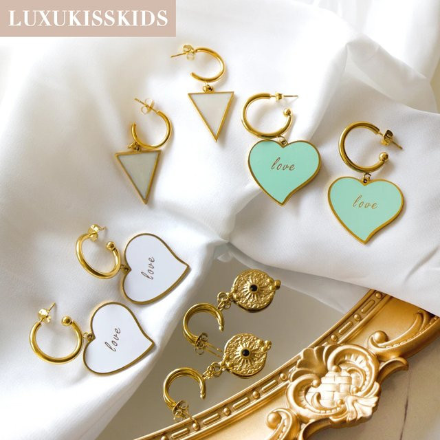 Luxukis skids Ohrringe, Tropfen, grüne Herzform, weiße Acryl Pendants, Edelstahl, Damen - Bild 1
