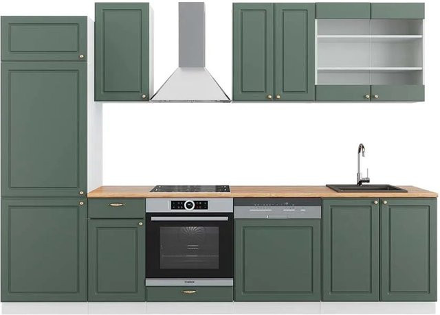 Vicco Fame-Line Küchenzeile im Landhausstil in Grün, Gold und Weiß mit Eiche-Optik, B: 300 cm, H: 207,35 cm, T: 60 cm - Bild 1