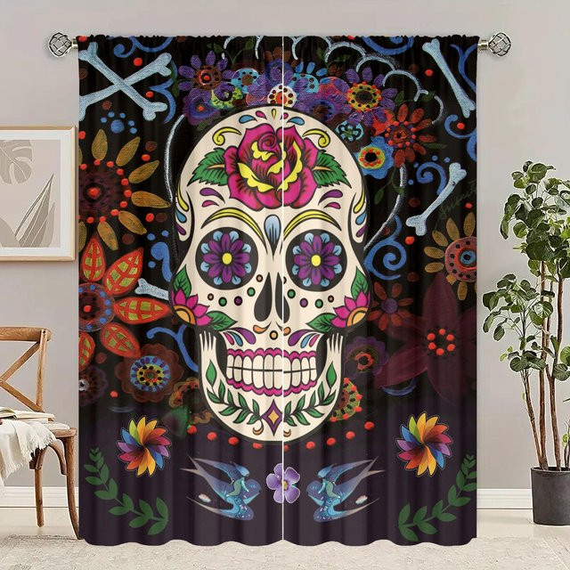 2er-Set Totenkopf Vorhänge aus Polyester in Mehrfarbig für Schlafzimmer und Wohnzimmer, B/H: 106,68 x 213,36 cm - Bild 1