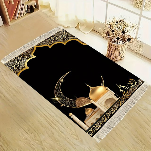 VIKAMA Gebetsteppich Halbmond-Design in Schwarz-Gold mit weißen Quasten, luxuriöse islamische Anbetungsmatte mit orientalischem Ornament für dein Zuhause oder Schlafzimmer - Bild 1