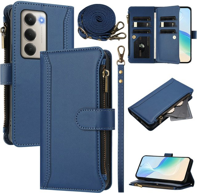 Xiaomi Crossbody Lederhülle mit Reißverschluss und 9 Kartenfächern für Redmi 15 5G 4G, Redmi 15C und Redmi Note 15 14 Pro Plus in Blau und Lila - Bild 1