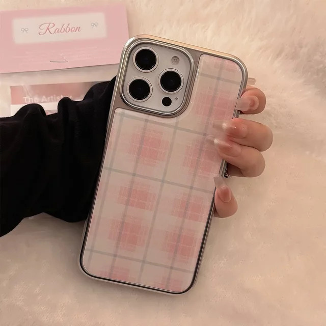 Potdemiel Handyhülle mit rosa Gittermuster und Splitterrand-Design für iPhone 12 bis iPhone 17 Pro Max, stoßfeste Hardcover Hülle - Bild 1