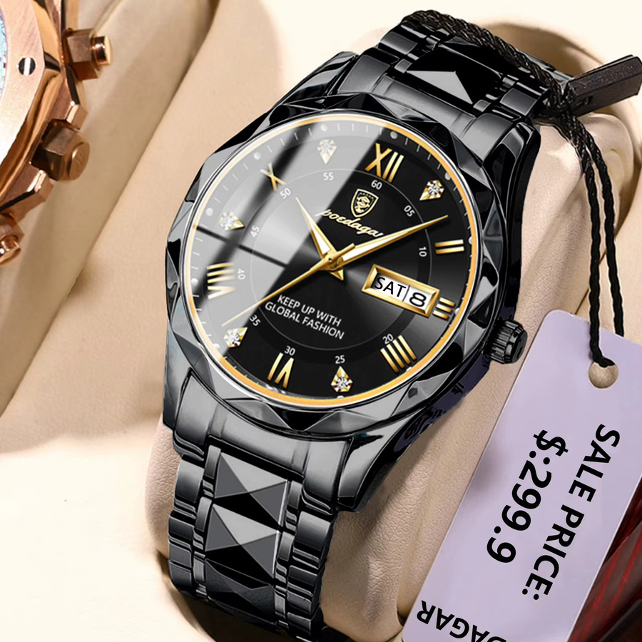 POEDAGAR Armbanduhr Quarz, Edelstahl, Schwarz, Herren - Bild 2