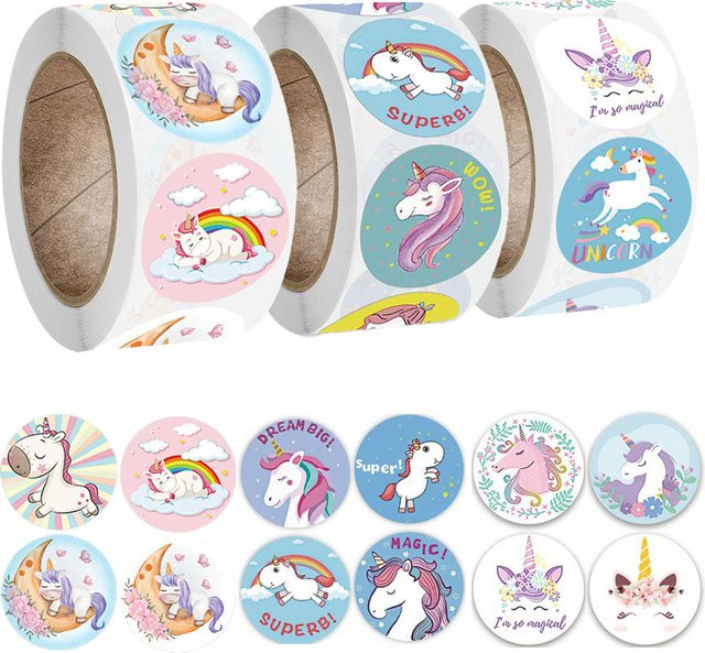 500 Stück Regenbogen-Einhorn Aufkleber mit fliegendem Pferd Motiv, rund, Durchmesser: 2,5 cm, Multicolor - Bild 1