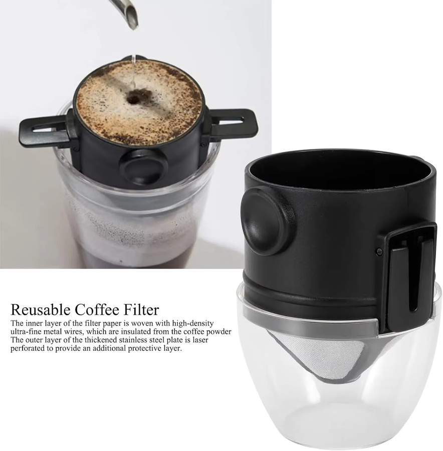 Punana Tragbare Kaffeemaschine mit wiederverwendbarem Edelstahl-Kaffeefilter und Reinigungsbürste, 1-2 Tassen, Silber/Weiß/Schwarz - Bild 2