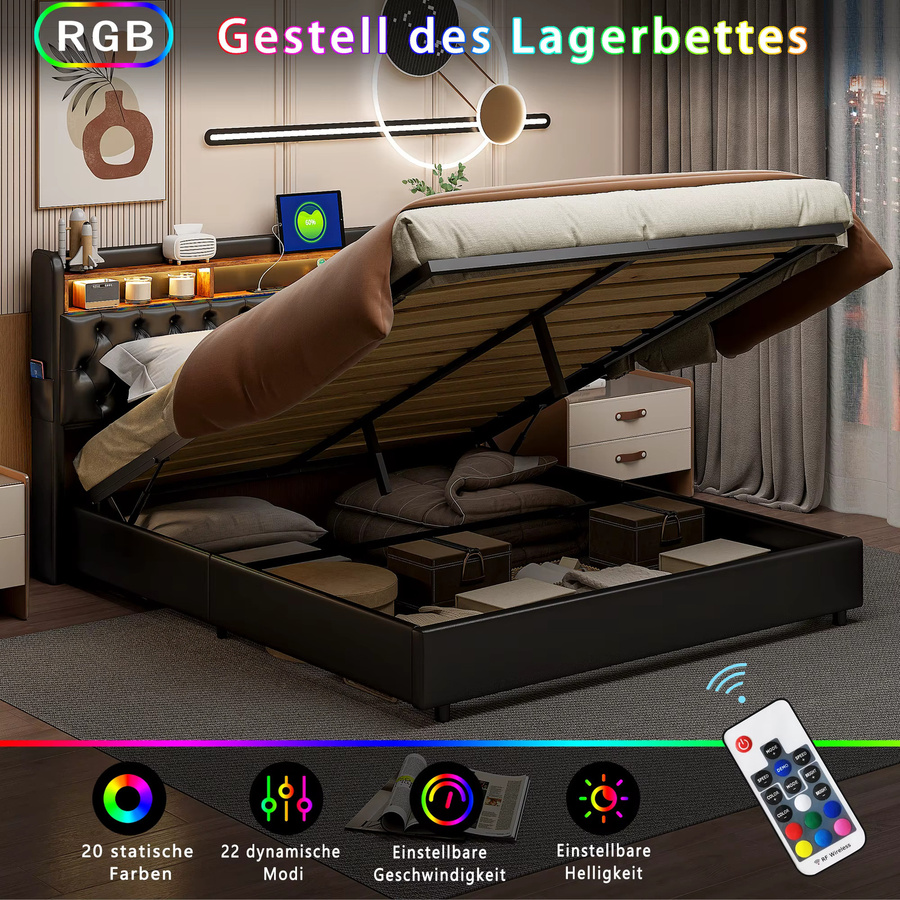 FEEOHOME Polsterbett mit Stauraum in Schwarz, Hydraulisches Doppelbett mit Bettkasten und Lattenrost, B/T: 180 x 200 cm - Bild 4