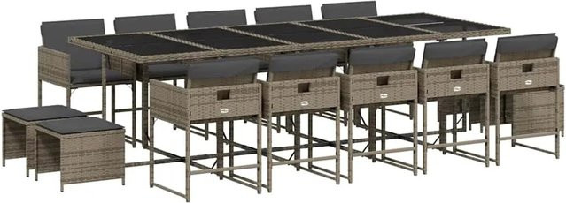 vidaXL 15-teilige Garten-Essgruppe aus Poly-Rattan in Grau mit Kissen und Hartglas-Tischplatte - Bild 1