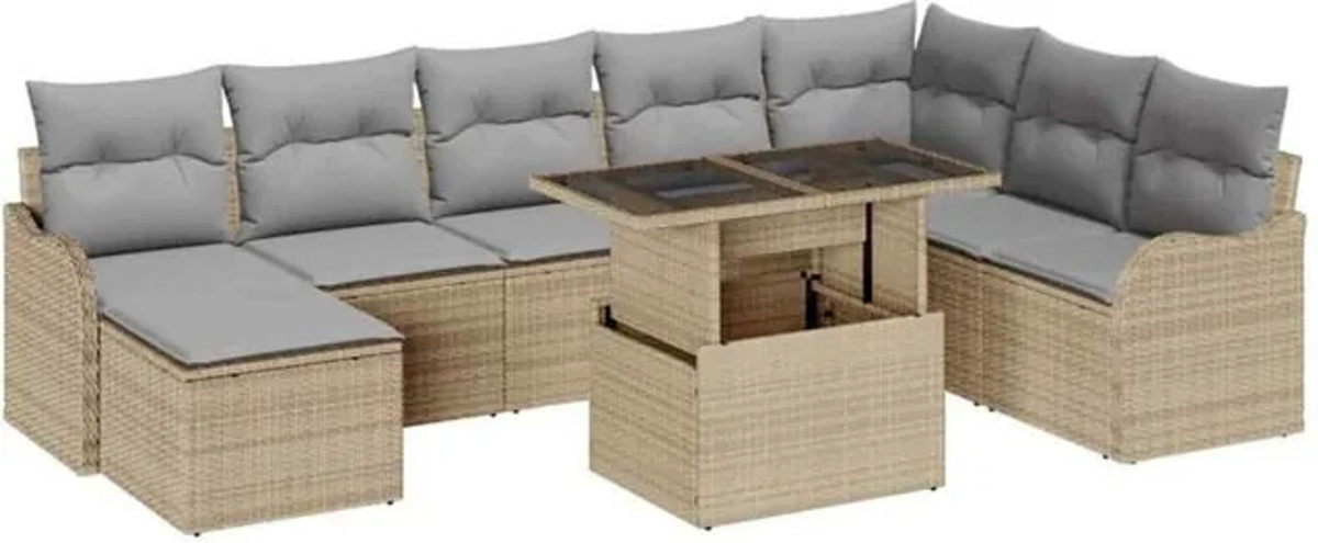 vidaXL Garten-Sofa-Set mit Kissen und Stauraum aus Poly-Rattan in Beige, 9-teilig - Bild 1