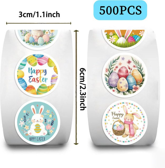 LanLanStickersWorld Ostereier und Hase Kaninchen Aufkleber, 500 Stück pro Rolle, wasserfeste PVC-Dekoration in Multicolour für Notizen und Umschläge - Bild 1