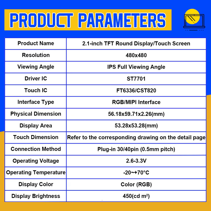Rundes 2,1 Zoll TFT LED Display Modul mit HD IPS Bildschirm, 480x480 Auflösung, SPI RGB Schnittstelle, MIPI HDMI Treiber ST7701S und kapazitivem Touchscreen - Bild 4