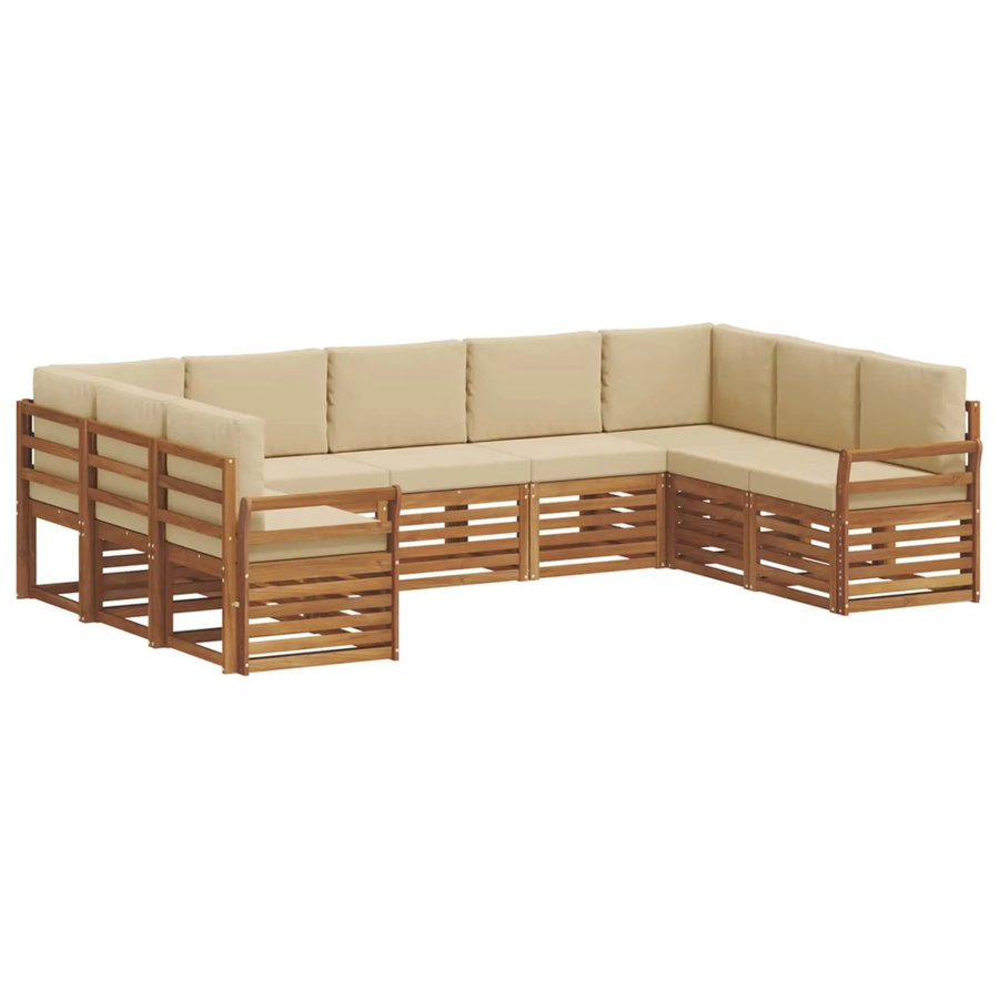 vidaXL Sofagarnitur aus Massivholz Akazie in Natur und Beige, 9-teiliges U-Form Set mit Polstern und Kissen - Bild 2