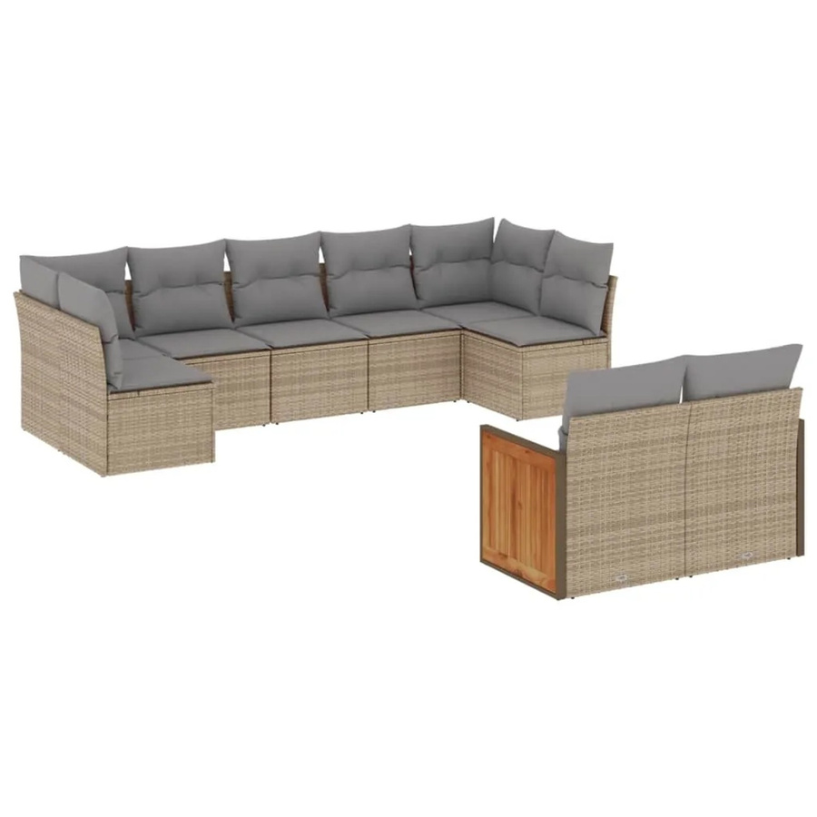vidaXL 9-tlg Garten-Sofagarnitur in L-Form aus Poly-Rattan und Akazienholz mit Kissen in Beige - Bild 2