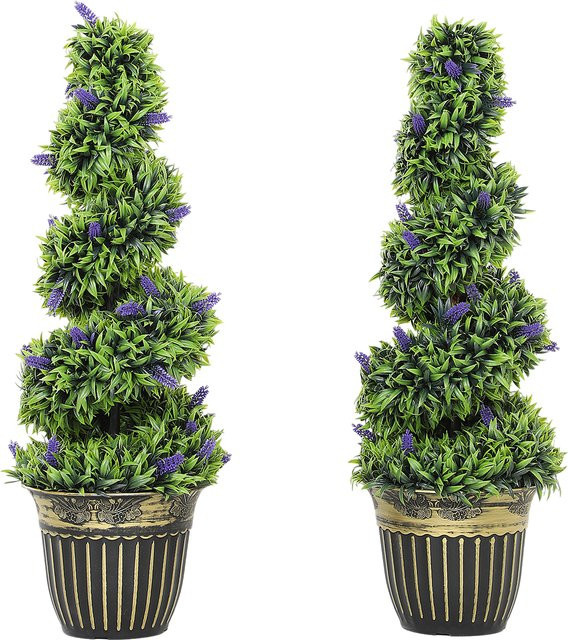 HOMCOM Set aus 2 künstlichen Buchsbaum-Spiralpflanzen mit Lavendel und Topf, UV-beständige Topiary-Kunstpflanzen für Garten und Dekoration, Grün und Blau, Höhe: 90 cm - Bild 1