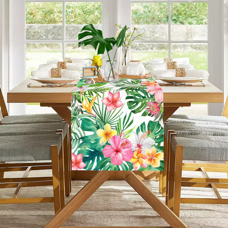 Tropischer Tischläufer mit Flamingo- und Blumenmuster für Sommerpartys und Geburtstage, mehrfarbig, aus Leinen - Bild 2
