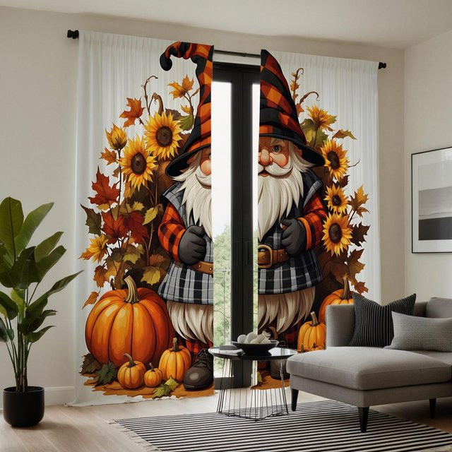 2er-Set dekorative Vorhänge mit Kürbis- und Sonnenblumen-Print, Gelb und Weiß, B: 132 cm, H: 160 cm - Bild 1