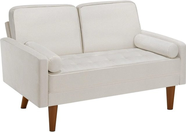 tectake 2-Sitzer Sofa in Samtoptik mit abnehmbaren Bezügen und Dekokissen, B/T/H: 135 x 76 x 85 cm, Beige/Weiß - Bild 1