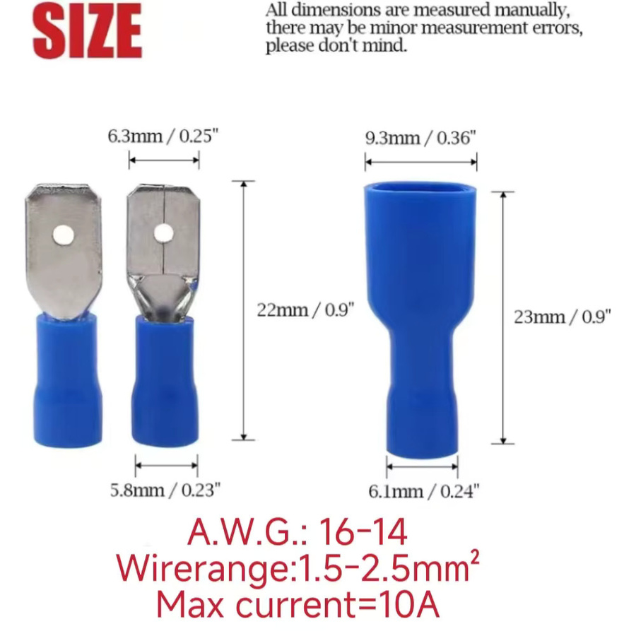 100 Stück 50 Paar isolierte Crimp Terminals 16-14AWG mit männlichen und weiblichen Steckern in Blau - Bild 3