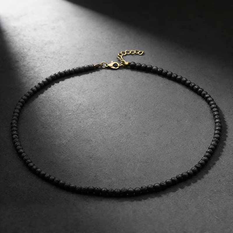 Noter Halskette Herren, 4 mm Perlen, Lava, Howlith, Obsidian - Bild 2