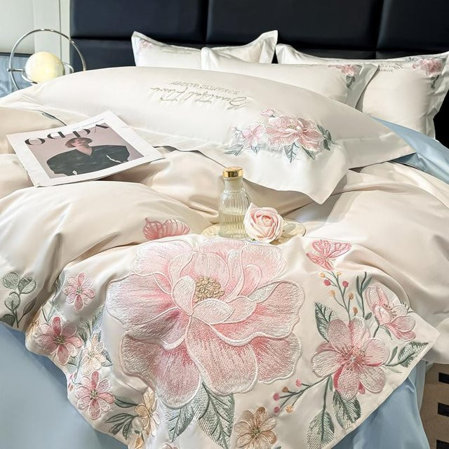 Bin Chi Textiles 4-teiliges Bettwäsche-Set aus 100% Baumwolle mit floraler Bestickung, Farbe Weiß, B/H: 220 x 240 cm - Bild 1