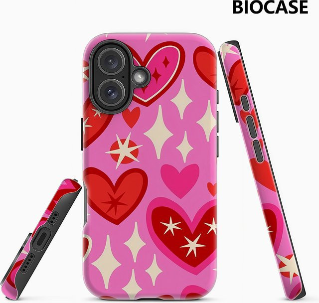 Handyhülle mit Herz- und Sternmuster für Apple iPhone 11 bis iPhone 17 Pro Max Plus in Pink mit doppelschichtiger Rückseite - Bild 1