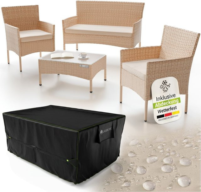 Juskys Polyrattan Gartenmöbel-Set Fort Myers in Creme mit Tisch, Sofa, 2 Stühlen, Auflagen in Sand und Abdeckung - Bild 1