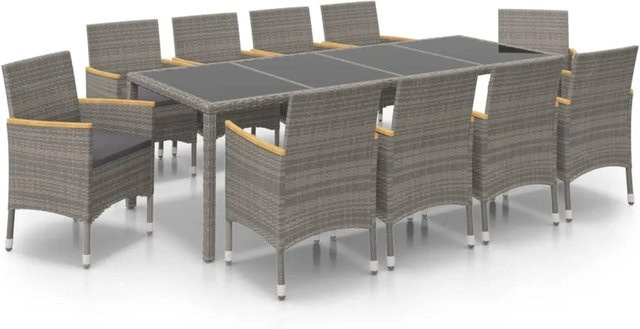 vidaXL 11-tlg Garten-Essgruppe aus Poly Rattan mit Kissen und Hartglas in Schwarz und Grau - Bild 1