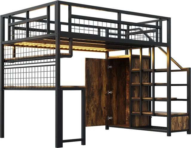 Merax Hochbett aus Metall und MDF mit LED-Unterbettbeleuchtung, Tisch und Schrank in Schwarz, B/T/H: 200 x 140 x 180 cm - Bild 1