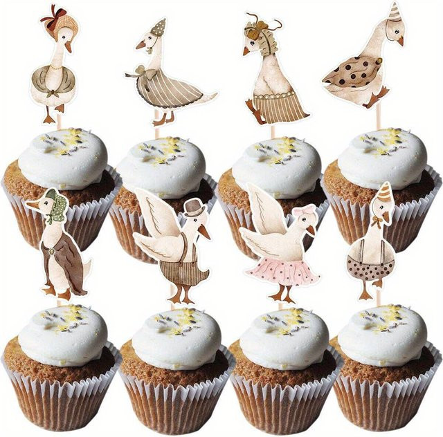 24 Stück Partism Cupcake-Topper im Vintage-Stil mit Bambus-Sticks, Cartoon-Motiv Ackerland-Gans, Kuchendekoration für Geburtstag, Mehrfarbig - Bild 1