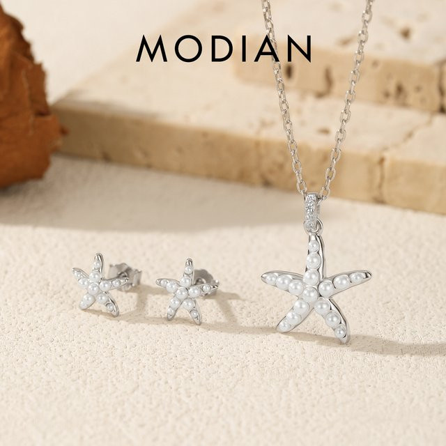 MODIAN Schmuckset, Halskette mit Anhänger, 925 Silber, Perle, Seestern-Ohrstecker, Damen - Bild 1
