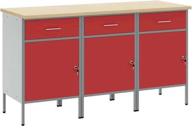 vidaXL Werkbank mit Schubladen und Pegboard, 3-teilig, Rot und Grau, B/T/H: 150 x 55 x 85 cm - Bild 1