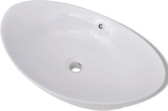 vidaXL Keramik Waschbecken in Weiß, Oval mit Überlauf, Aufsatzwaschbecken, B: 59 cm, T: 38,5 cm, H: 19 cm - Bild 1