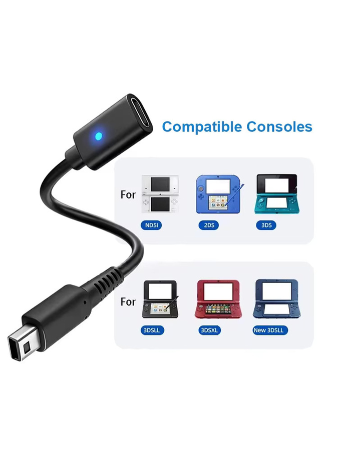 Schwarzer USB-C Ladeadapter mit LED-Anzeige für Nintendo DSi und 3DS Spielkonsolen, 10 cm - Bild 1