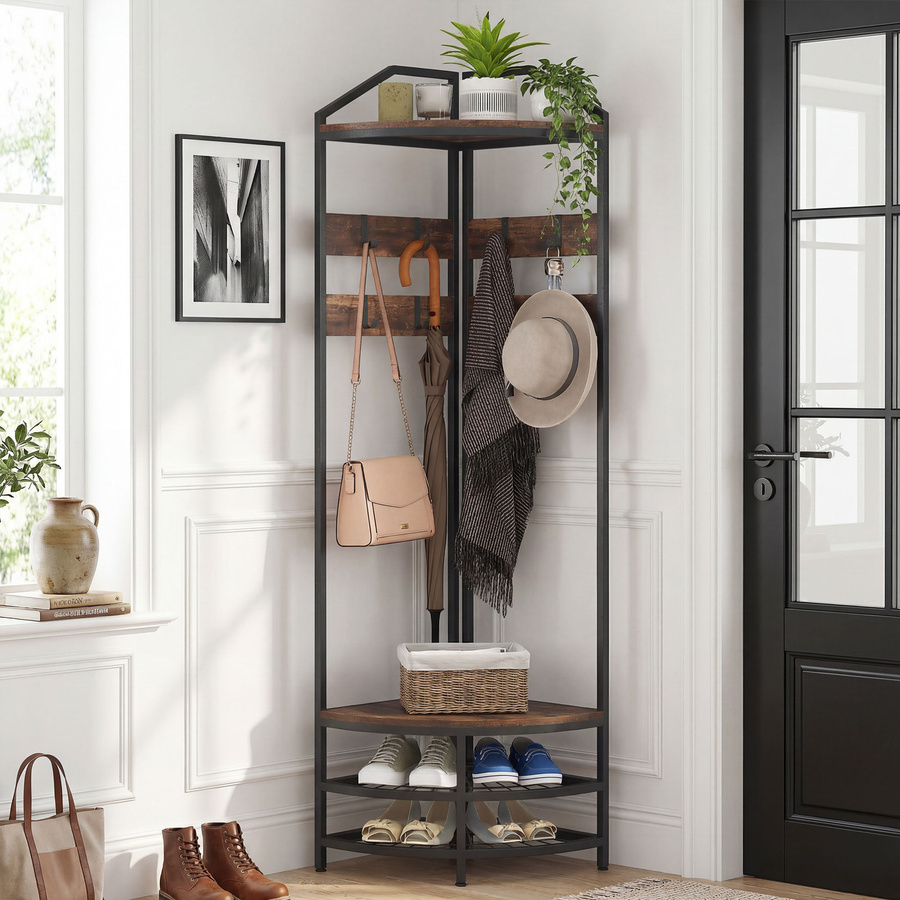HOMCOM Eck-Garderobe im Industrial-Stil mit Schuhaufbewahrung, 4-stufiger Garderobenschrank in Braun und Schwarz mit 8 Haken und 2 Ablagen - Bild 2