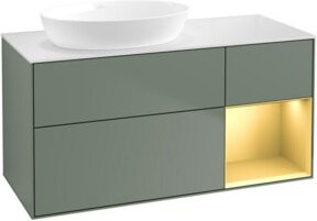 V&B Waschtischunterschrank Finion mit Wandbeleuchtung, Breite: 120 cm, Farbe: Gold matt lackiert, Oliv matt lackiert - Bild 1