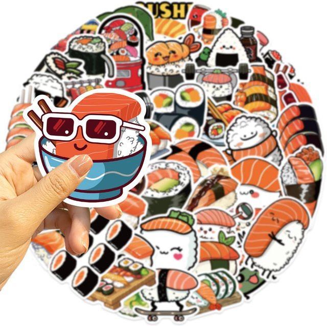 50 Stück Cartoon Lachs Sushi Graffiti Aufkleber in Multicolour für Fahrrad, Notizbücher und Federmäppchen - Bild 1
